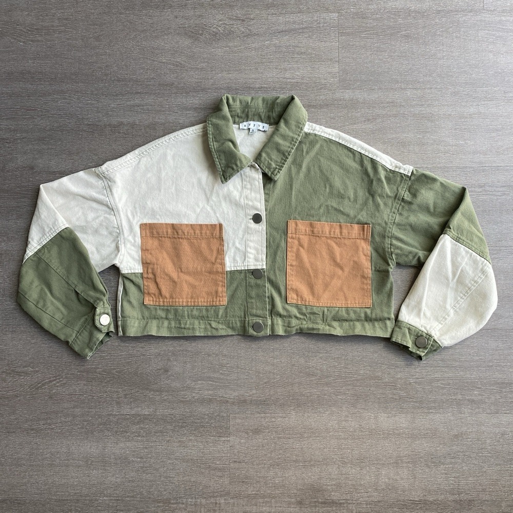 HYFVE Transitional Colorblock Cropped Utility Jacket Cream Olive Green Small